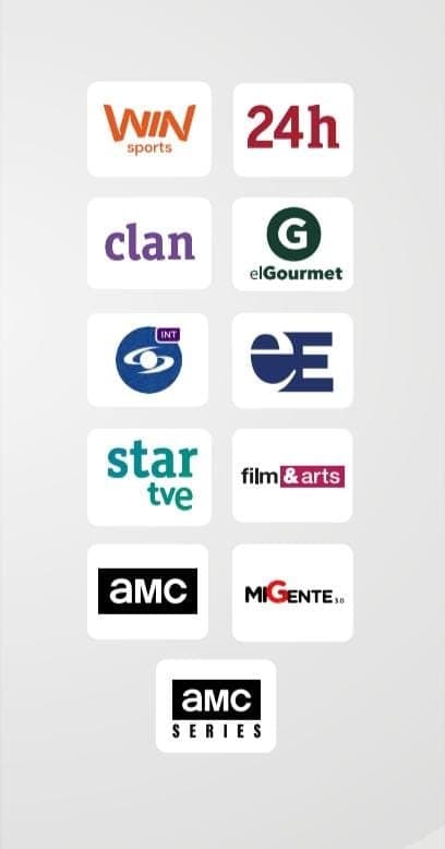 Canales: Win Sports, 24h, Clan, El Gourmet, Caracol Internacional, Canal E, Star TVE, Film & Arts, AMC, Mi Gente, AMC Series.